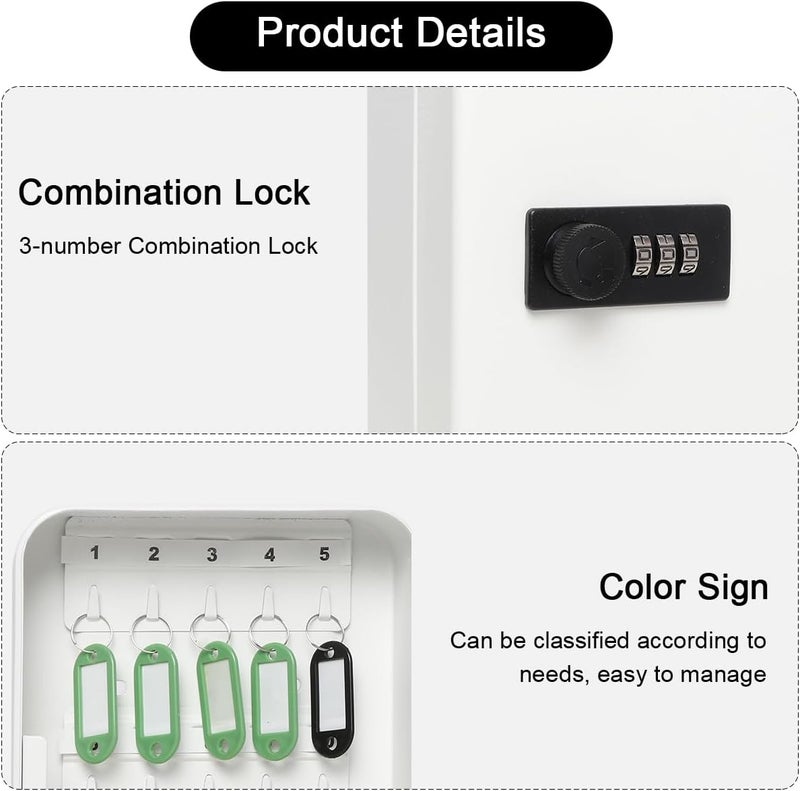 Parrency Key Lock Box Wall Mounted with 20 Key Hooks, Key Cabinet with Combination Lock Digital Security Storage Box with Colorful Key Tag Labels Stickers and Hooks,White, 7 4/5" x 6 1/5" x 2 4/5" - Image 5